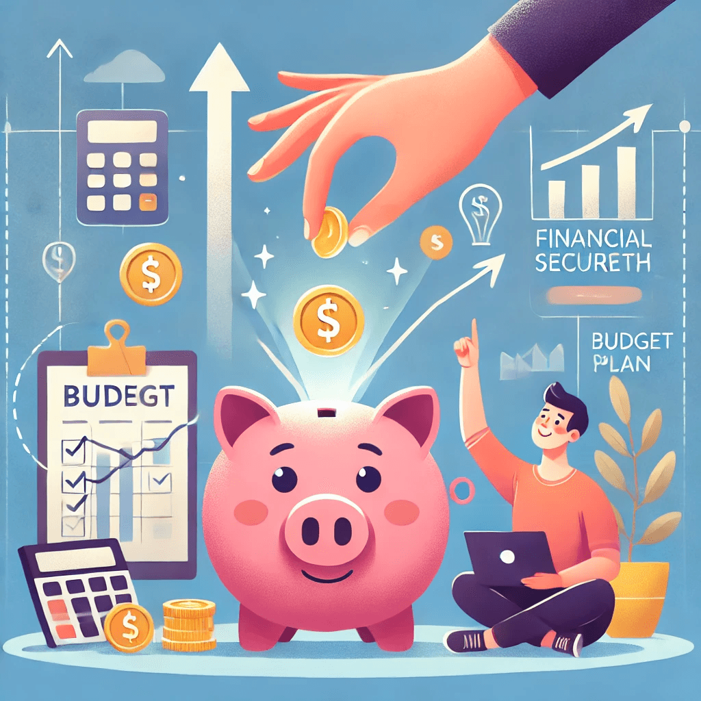 An illustration showing a person putting a coin into a piggy bank, symbolizing financial savings and budget planning.