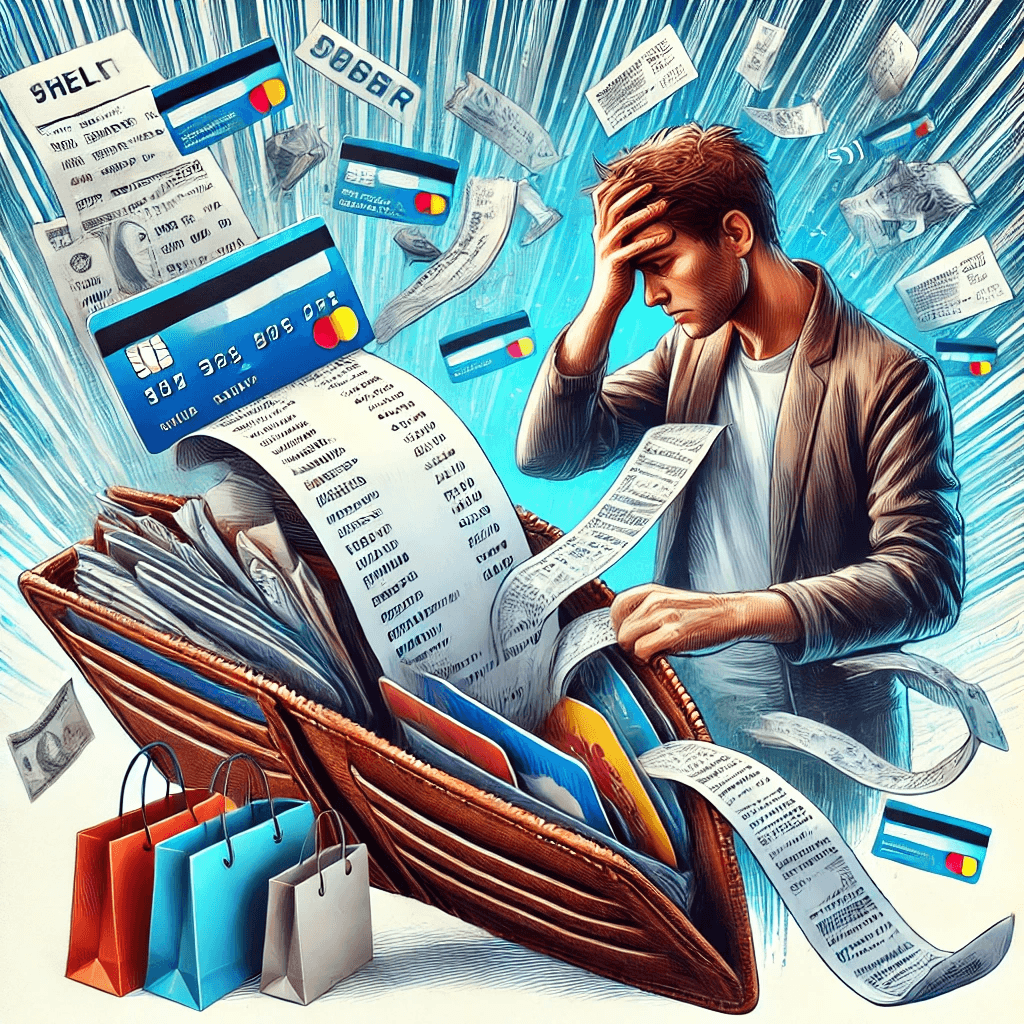 Man stressed over long receipts and credit cards